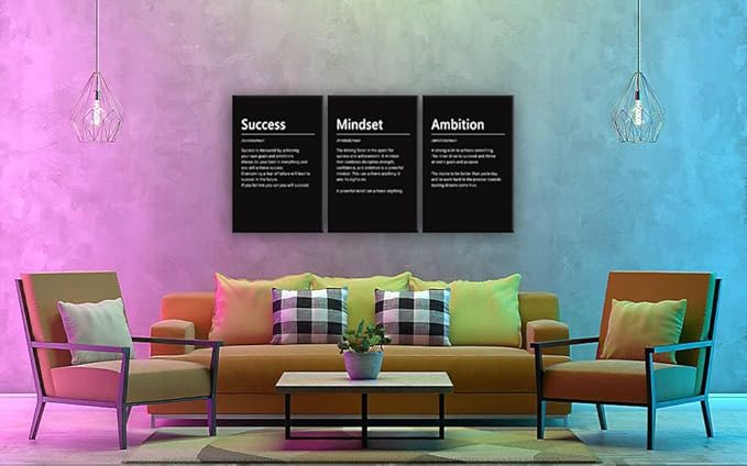 WYJZDZQ8 Success Mindset Ambition Noun Canvas Wall Art Motivational 3 Panel Quotes Poster and Print Inspirational Picture Artwork for Living Room Office Home Decor Framed Ready to Hang[72''Wx 36''H]