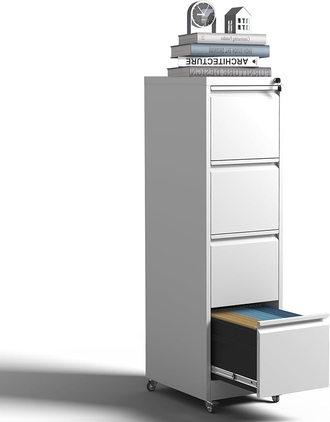 4-Drawer Mobile File Cabinet with Lock and Wheels, Tall Vertical Filing Cabinets Steel Rolling Storage Cabinet for Home Office Legal/Letter/A4 Files, Require Assembly (White)