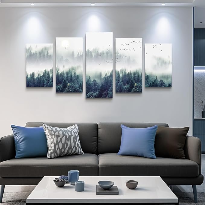 Canvas Wall Art For Living Room Wall Decorations For Bedroom Modern Office Wall Decor Foggy Forest Trees Landscape Paintings Stretched And Framed Ready To Pictures Home Decor 5 Piece Set W60”x H30”
