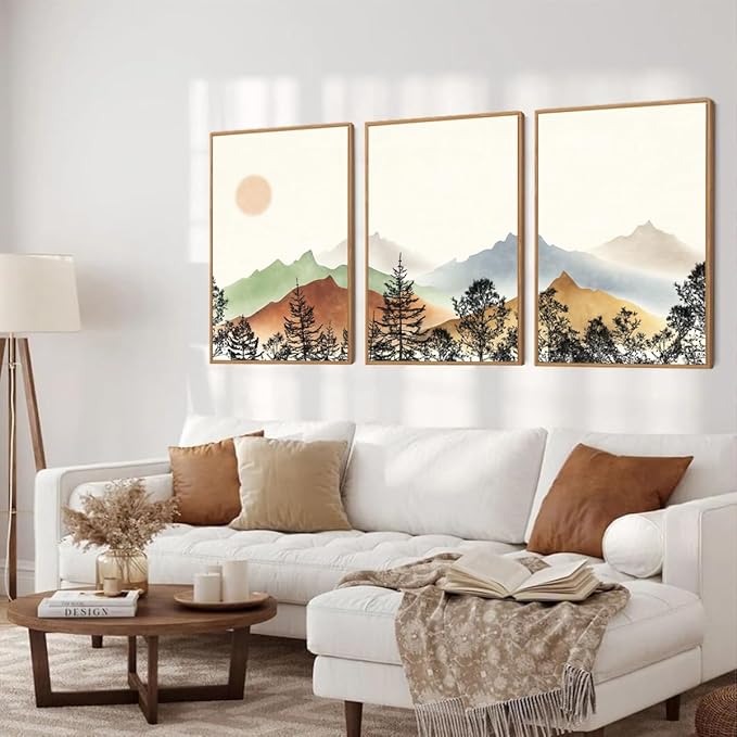 BINCUE Boho Mountain Wall Art Framed Mountain Wall Decor Sun Forest Artwork for Living Room Bedroom Office 16x24 Inches Set of 3