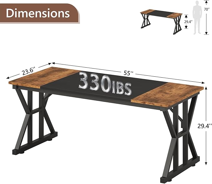 TVU Computer Desk, 55 inch Large Office Desk, Study Writing Table with Thicken Frame, Gaming Desk, Modern Simple Desk for Home Office, Rustic Brown/Black