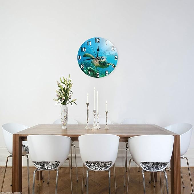 Sea Turtle Wall Clock Battery Operated Silent Non Ticking Round Clock Wall Decor for Home Kitchen Living Room 9.8 Inch
