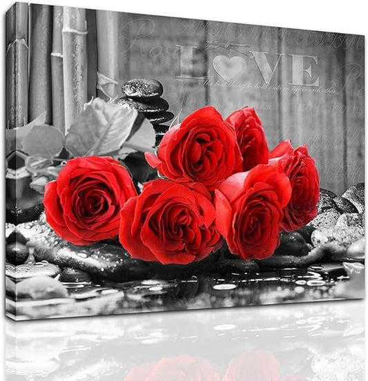 YMYXMC33 Red Rose Flower Picture Decor Wall Art Canvas Print Black and White Poster Country Love Decoration Bedroom Bathroom12x15