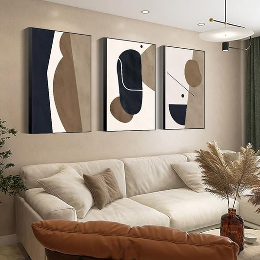 Abstract Framed Canvas Prints,Geometric Wall Art,Black White Brown Decorative,Large 24" X 32"X 3 Panel Modern Wall Decor for Living Room Bedroom Bathroom Hotel Kitchen Bar Office Entryways Wall Décor