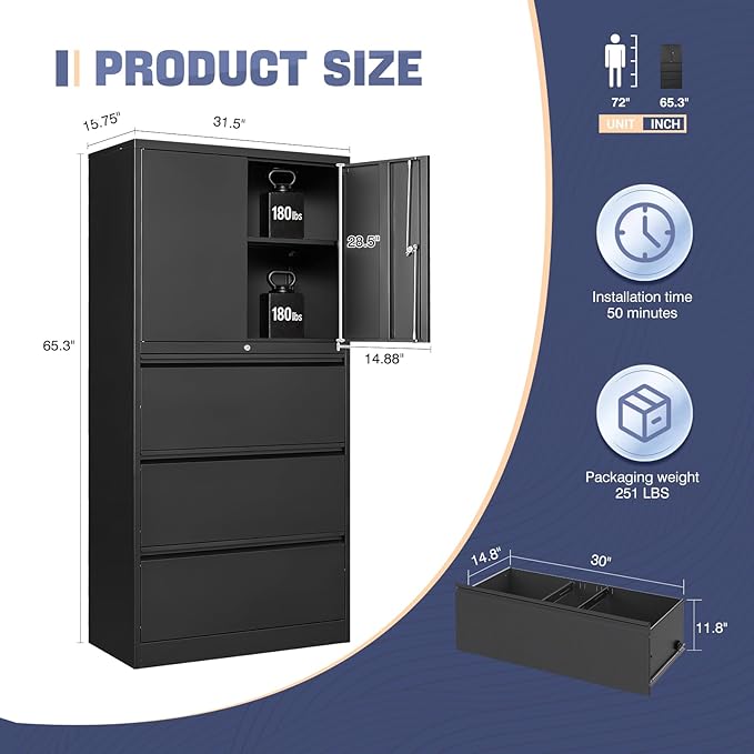 3 Drawer Lateral File Cabinet, Office Storage Cabinet with 3 Wide&Deep Drawers and Locking Doors, Black Metal Cabinet with Adjustable Shelves for Home Office, Fits A4/Letter/Legal Size Folders