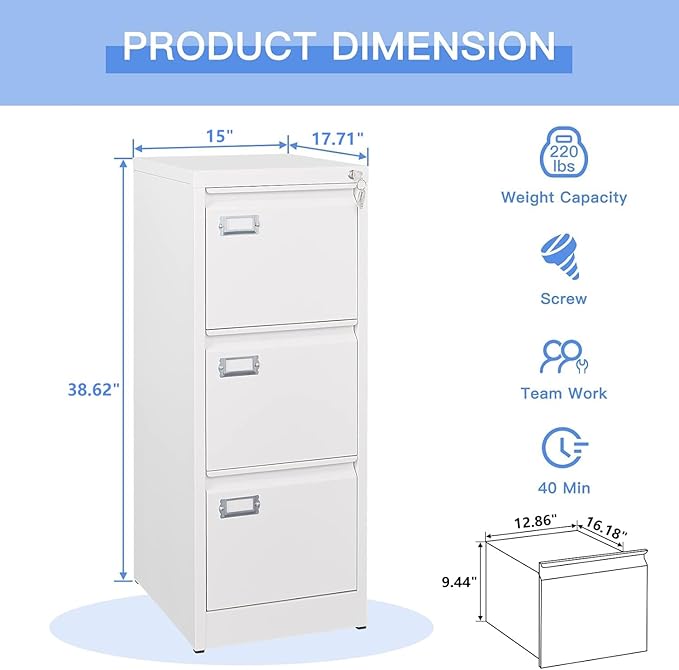 Yizosh 3 Drawer White File Cabinet with Lock, Filing Cabinets for Home Office, Metal Locking Office File Storage Cabinets with Drawers, Vertical Small Filing Cabinet Organizer for Legal/A4