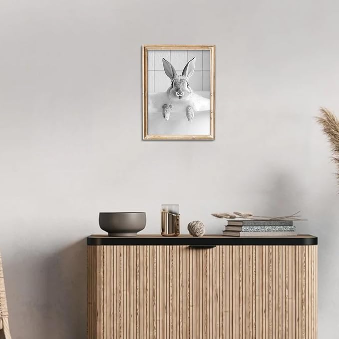 uniro Bunny Black and White Photography, Funny Rabbit Bath Teeth, Bathroom Wall Art Whimsical Farmhouse Decor Cute Bunny Animal Canvas Print Painting, Modern Bathroom Signs Wall Art Poster for Bathroom Decor( 8" x 10"-UNFRAMED)