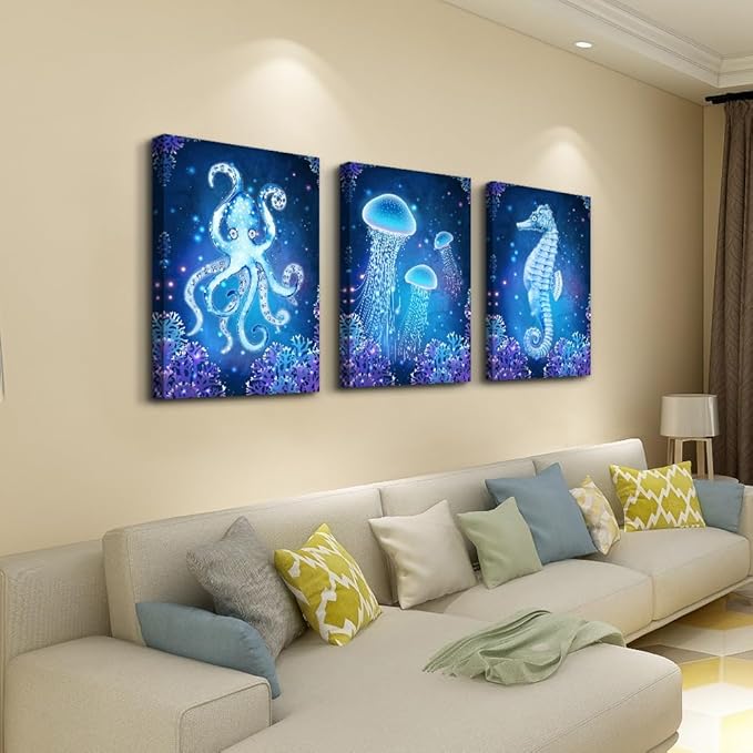 Lapremoly Framed Wall Decor for Living Room Wall Art Paintings For Bedroom Ready To Hang Bathroom Wall Pictures Modern Home Decoration Artworks Blue Ocean Animal Seascape Canvas Prints 3 Pieces