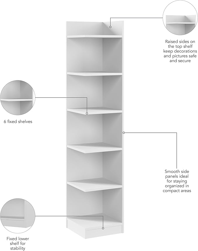 Bush Home Universal 15W Tall Corner Bookshelf in White, 6 Shelf Narrow Bookcase for Home Office Storage or Living Room Organization