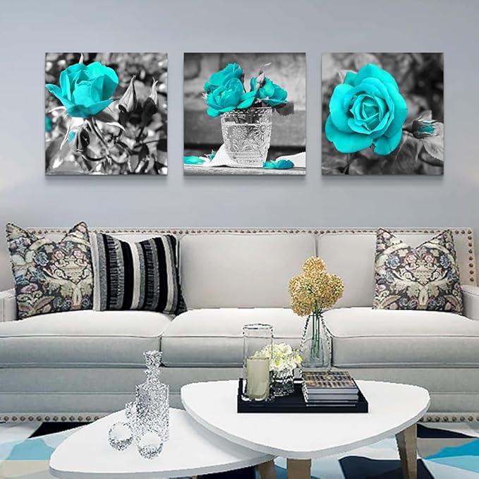 Lapremoly Large Wall Decor For Living Room Canvas Wall Art For Bedroom Black And White Wall Paintings Blue Rose Flowers Pictures Framed Canvas Prints Ready To Hang Room For Girls Home Decorations