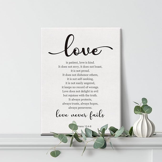 Bible Verse Art Wall Decor 1 Corinthians 13:4-8 Love Never Fails Scripture Canvas Painting Print for Home Living Room Decor Framed Artwork Christian Wedding Gifts(12x15 Inch)