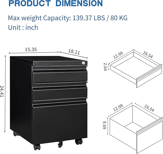 Mobile Filing Cabinet,3 Drawer Mobile File Cabinet with Lock,for Legal/Letter/A4 Documents,Home Office Storage Dresser Cabinet (Black)