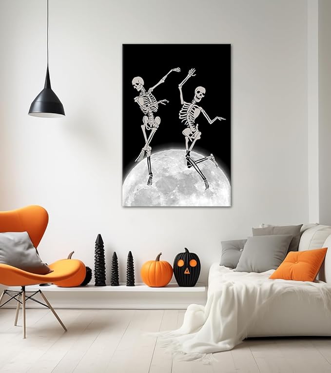 Wall Art for Living Room - Framed Dancing Skeletons on Moon Painting Unique Gothic Poster Aesthetic Artwork Fun Dark Humor Canvas Print Spooky Bedroom Office Home Decoration, Large 28"x44"