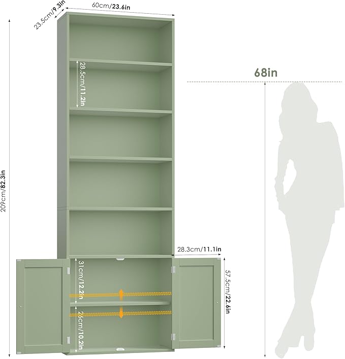FACBOTALL 82" Tall Bookcase and Book Shelf, 24" Wide Bookshelf with Doors, 7 Tier Bookcase with Storage and Adjustable Shelf, Open and Display Farmhouse Bookshelf for Living Room, Home Office, Green