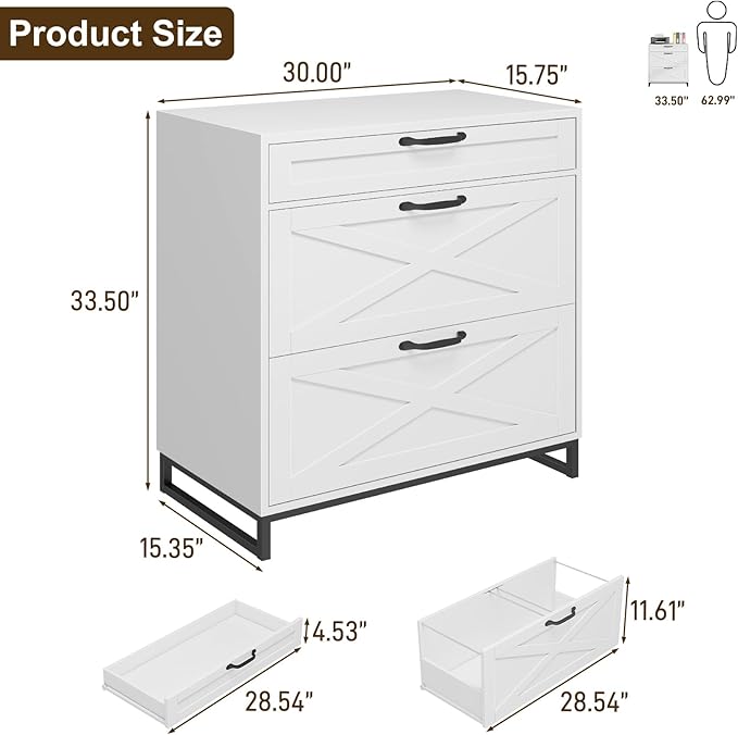 Vabches Lateral File Cabinet with 3 Drawers, Modern Farmhouse File Cabinet for Legal/Letter/A4 Size Hanging Files, Large Wood Printer Stand Home Office, White