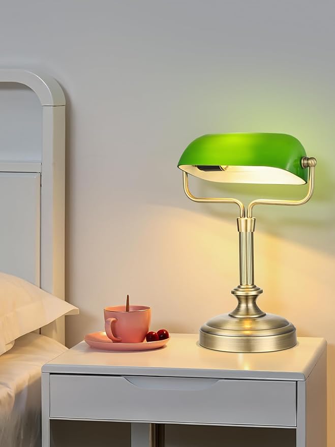 Vintage Banker Lamp, Green Glass, Touch Control, 3-Way Dimmable, LED 6W, Brass Finish (Antique Brass+Green+Touch)