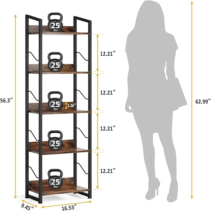 Hosfais 5 Tier Tall Bookshelf: Industrial Wood Book Shelf with Edge Protection Metal Narrow Bookshelf Bookcase Storage Organizer Display Rack for Living Room Home Office (Rustic Brown)