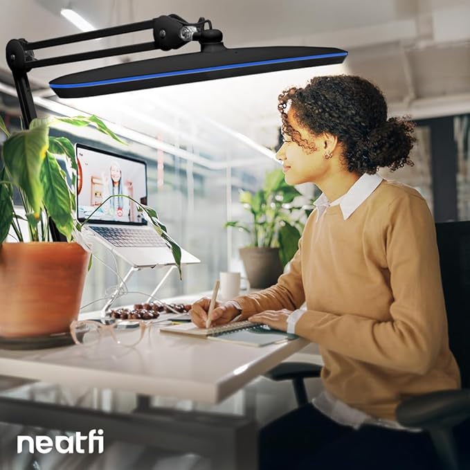 Neatfi XL 2,200 Lumens 20W LED Task Lamp – 23” Ultra-Wide Head | 182 SMD LEDs | 4 Brightness Levels | 3 Light Modes | Eye-Caring, Glare-Free | Adjustable Arm (Black, CCT with Clamp)