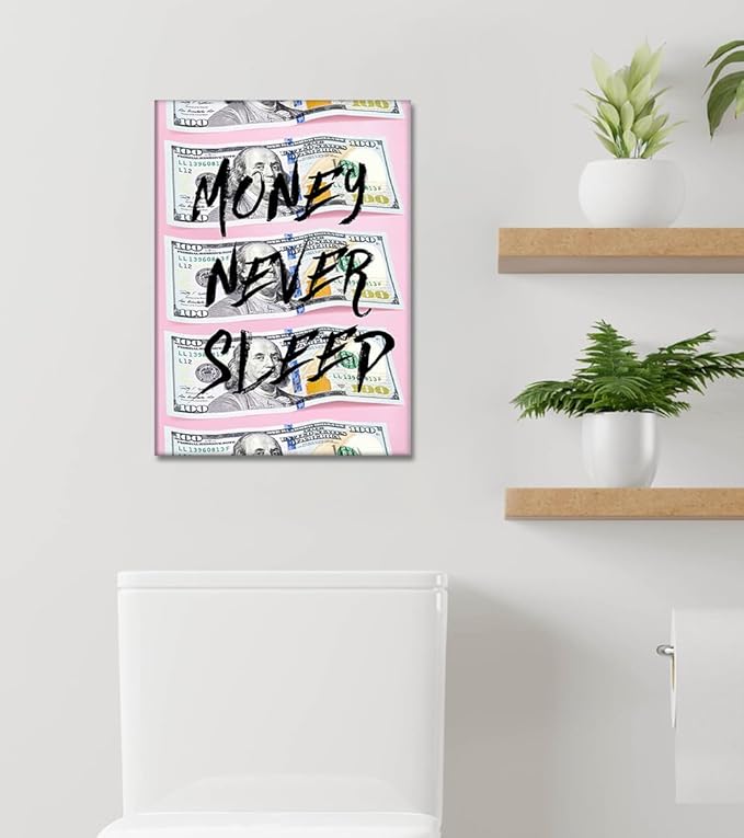 Yatsen Bridge Motivational Wall Art - Money Never Sleeps Canvas Prints Pink Money Wall Dollar Decor 100 Bill Poster Modern Office Home & Trendy Living Room Decoration, Framed Ready to Hang (12x16 in)