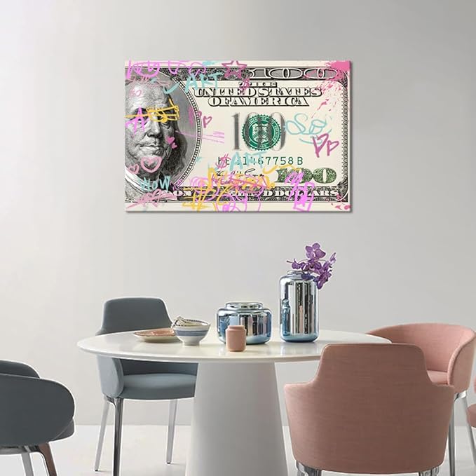 Inspirational Colorful Graffiti 100 Dollar USD Canvas Paintings Wall Art Money Buys Freedom Artwork Wall Pictures Poster and Prints Framed Ready to Hang-24x36 inches