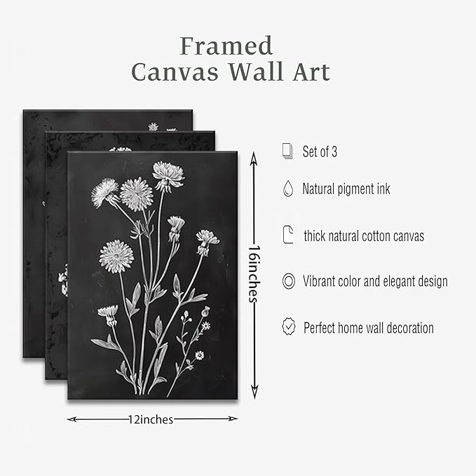 KISSFOX Floral Botanical Canvas Wall Art Vintage Black Background Plant Poster Prints Set of 3 Framed Grey and White Wildflower Painting Modern Farmhouse Decor Pictures Living Room Bathroom Bedroom(Black Floral, 12"x16" Canvas)