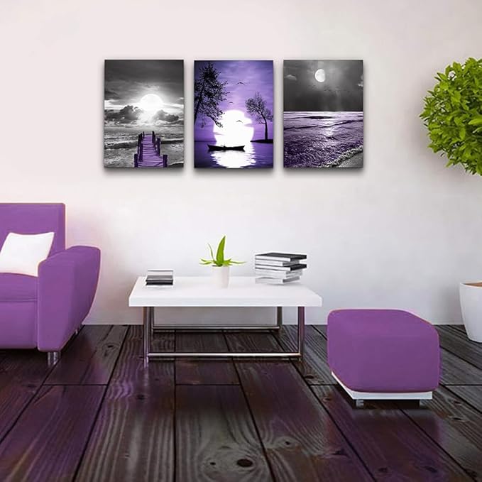 DZRWUBHS Inspirational Canvas Wall Art for Living Room, Bedroom, Office - Black and White Pictures Artwork, Purple Ocean Landscape Painting - Modern Home Decor, 3 Piece