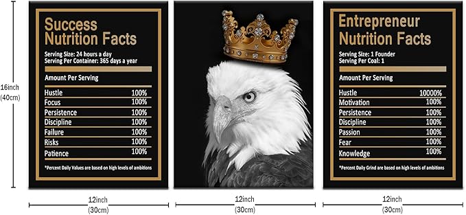 Inspirational Canvas Wall Art Home Decor 3 Piece Poster Print Eagle Success Nutrition Facts Motivational Quotes Painting Artwork for Home Bedroom Bathroom Wall Picture Ready to Hang [36''W x 16''H]