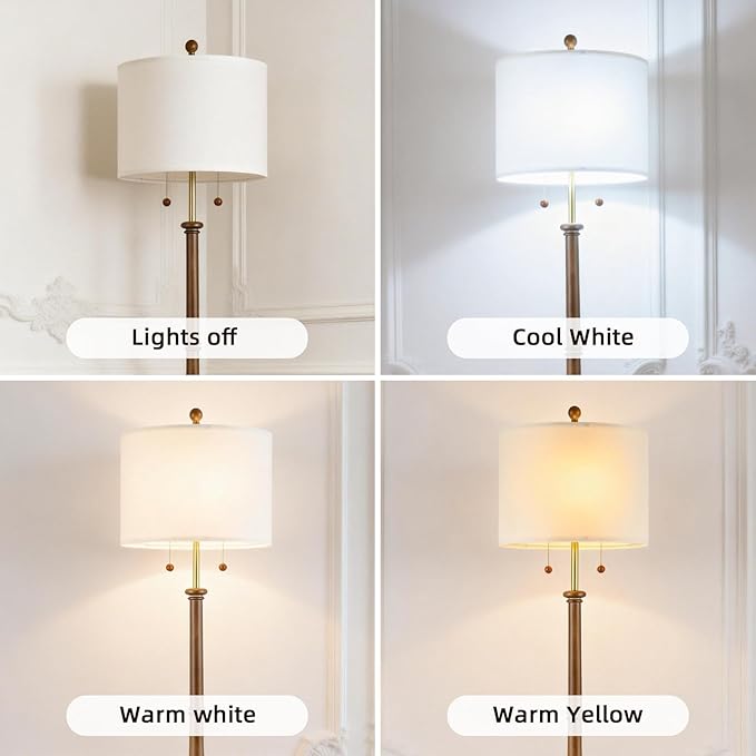 UL Listed 67.5" Natural Real Wood Floor Lamp – Rustic Vintage Base with Linen Shade & S-Cluster Dual Pull Chain Switches for Bedroom, Living Room, Office (Bulb Included)