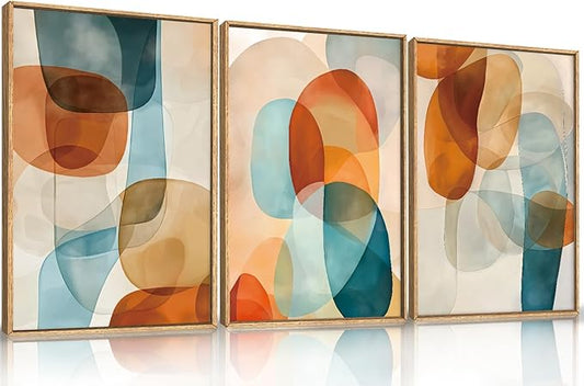 Large Abstract Color Block Framed Canvas Wall Art,Boho Orange and Blue Ovals Wall Decor,Modern Colorful Shape Artwork,Watercolor Geometric Art Print for Living Room,Bedroom,Office- 16"x24"x3