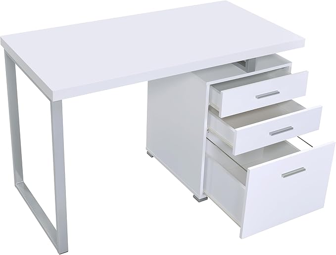Coaster Home Furnishings Brennan Modern Contemporary Home Office 3-Drawer Writing Desk with Drawers Computer Desk Study Table File Cabinet Storage Silver Metal Frame White 800325