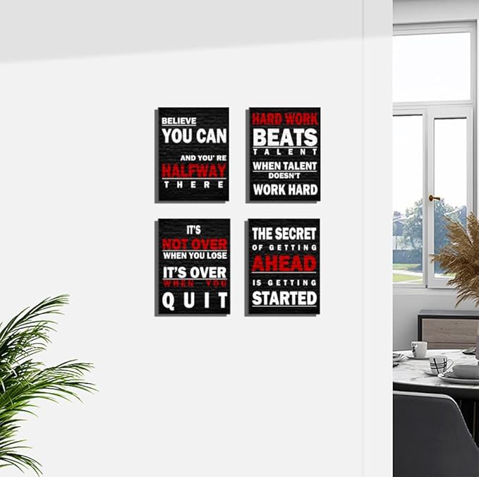 Red Black Motivational Canvas Wall Art Gym Office Wall Decor Sign - Work Hard Beats Talent - Believe You Can - It's Not Over When You Lose