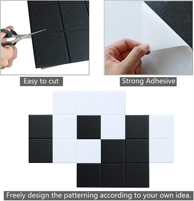 Large Felt Board Tiles for Wall with 30 Push Pins, 11.8"x11.8" Pack of 6 Pin Board Notice Boards for Home Office Kitchen, Bulletin Board Wall Tiles for Photos Memos (Black+White, 6 Pack)