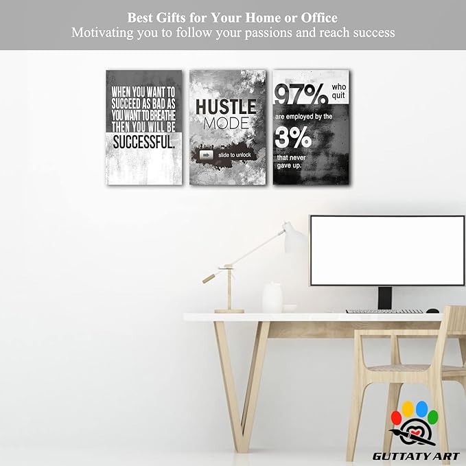 Office Wall Art-3 Panel Motivational Art, Inspirational Quotes Canvas for Home Office, Positive Quote Wall Decor, Entrepreneur Words Poster Frame 12'x24'x3Pcs