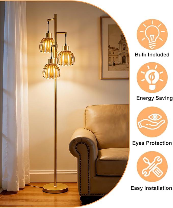 Lightdot 65'' Glass Floor Lamp Dimmable Gold Floor Lamps with Brown Lotus Glass Shade& 3000K Bulbs Included 3-Lights Modern Tall Standing Lamp for Living Room/Bedroom/Sofa Beside/Corner Decor