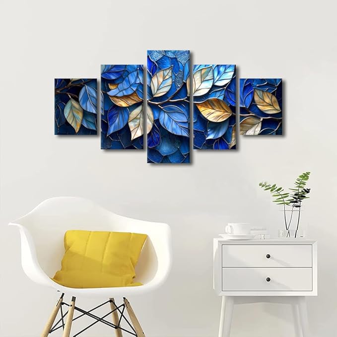 Abstract Canvas Art 5 Panel Home Wall Decor Blue and Golden Leaves Painting Prints on Canvas for Abstract Enthusiasts Living Room Office Wall Decoration Stretched and Framed Ready to Hang 60x32 in
