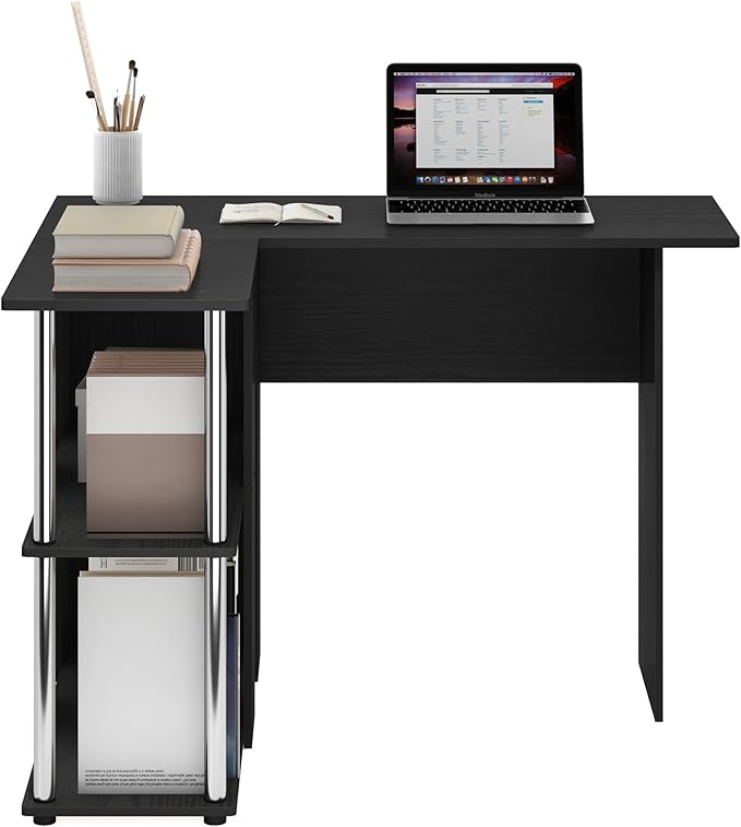 Furinno Abbott L-Shape Desk with Bookshelf, Americano/Chrome