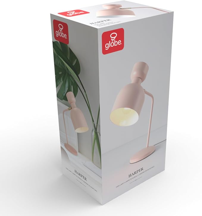 Globe Electric 52297 16" Desk Lamp, Matte Pink, Brass Pivot Joint, in-Line On/Off Switch, Reading Light, Dorm Room Essentials, Lamps for Living-Room, Office Supplies, Lights for Home