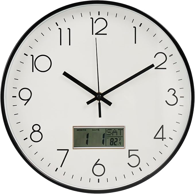 Wall Clock with LCD Display Non-Ticking Silent Quartz Movement Decor Clock with Perpetual Calendar and Temperature Modern Style Round Wall Clocks for Office/Living Room/Bedroom(White, 12inch)