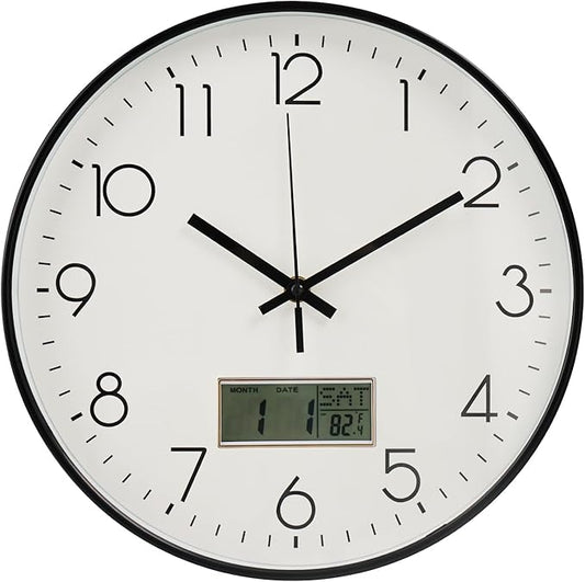 Wall Clock with LCD Display Non-Ticking Silent Quartz Movement Decor Clock with Perpetual Calendar and Temperature Modern Style Round Wall Clocks for Office/Living Room/Bedroom(White, 12inch)
