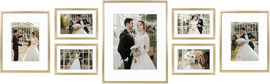 Golden State Art, Picture Frame Set 7 Pack, Gallery Wall Frame with One 11x14, Two 8x10, and Four 5x7. Aluminum Photos Frame for Wall or Tabletop Display (Style 1, Gold, 7 Pack)