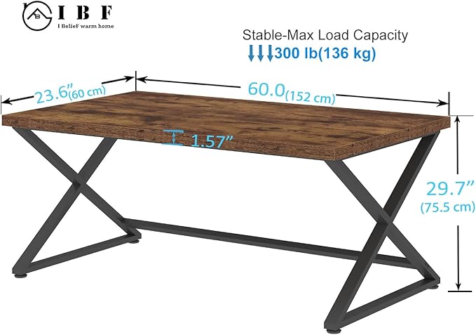 IBF Rustic Computer Desk, Farmhouse 60 inch Home Office Desk, Industrial Wood Metal Work Desk for Writing Study, Vintage Minimalist Executive Workstation PC Gaming Table in Bedroom, Rustic Brown