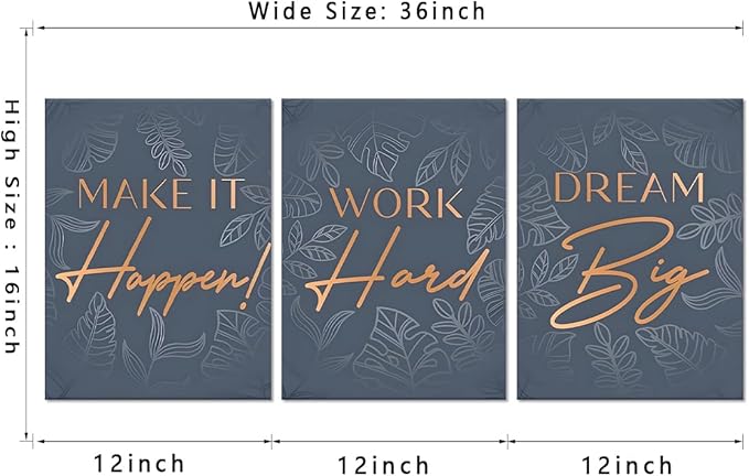 Inspirational Wall Art for Office - 3 Piece Dream Big Work Hard Make It Happen Motivational Posters Positive Quotes Wall Decor Entrepreneur Pictures Framed Canvas Print for Workplace Home, 12"x16"x3