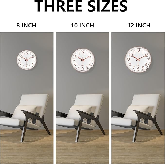 Silent Wall Clocks Battery Operated 8 Inch, Analog Wall Clock with Oversized Number Tempered Glass Clock Face, Rose Gold Quartz Non Ticking Wall Clocks for Living Room Bedroom Kitchen Office