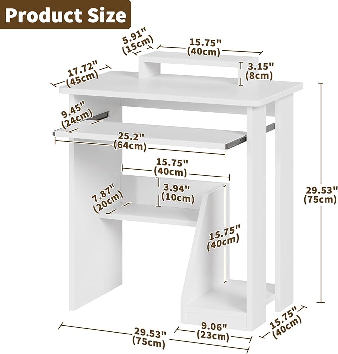 30" Small Computer Desk with Keyboard Tray Monitor Stand, Study Writing Desk with Storage Shelves, Modern Workstation for Small Spaces, Save Space, White
