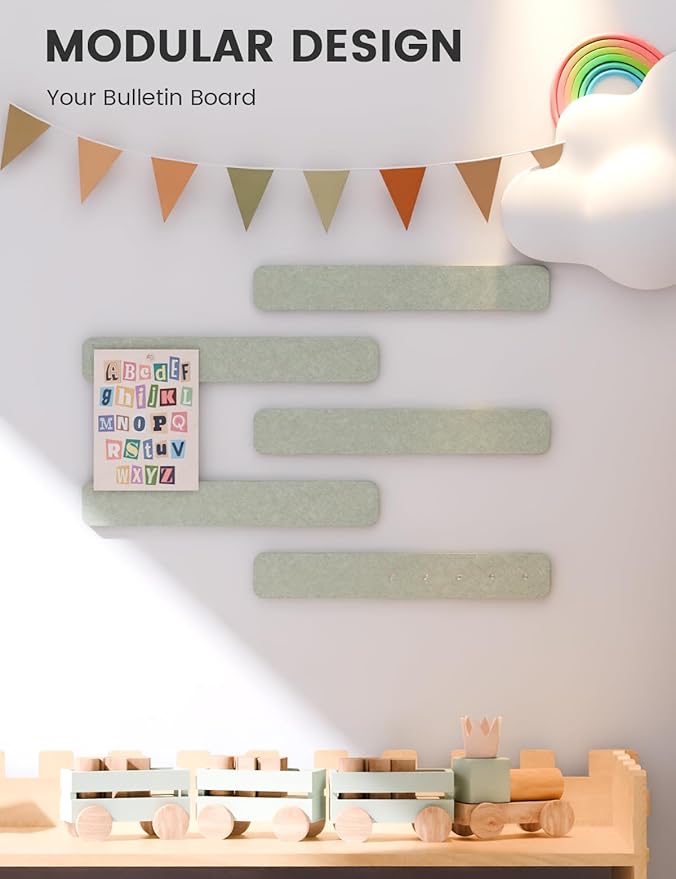 Fluxynara Cork Board Alternative Felt Strip Board 5-Pack 13"x2", Office Pin Board with 35 Push Pins, Adhesive Install for Bedroom Door & Home Office(Sage)