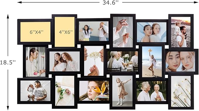 J.M.Deco Collage Picture Frames for Wall Decor, 18-Opening Reunion Family Friends Picture Frame Set, 4 x 6 Photo Frames for Living Room, Bedroom, Gallery Wall Hanging, Black
