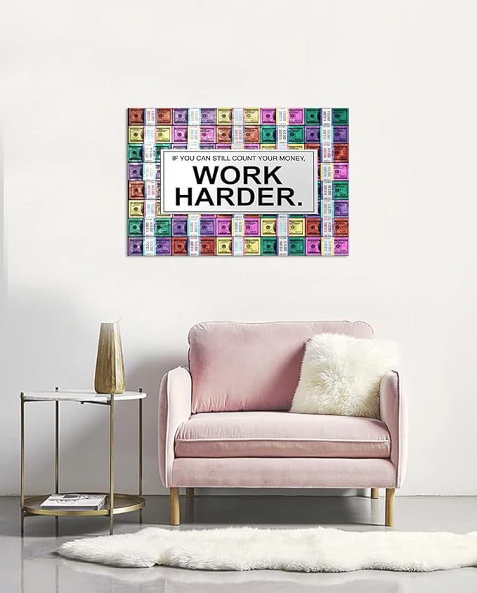 Work Harder Motivational Office Art Abstract Creative Money Background Wall Pictures Modern Home Office Decor HD Print for Guest Room Rest Room Decor, Framed 16" Wx12 H