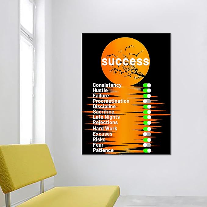 Success Motivational Poster Print Canvas Wall Art Inspirational Office Decor Inspiring Sign Theme Moonlight Picture Painting Artwork for Modern Home Living Room Workplace Ready to Hang [30''Wx 40''H]