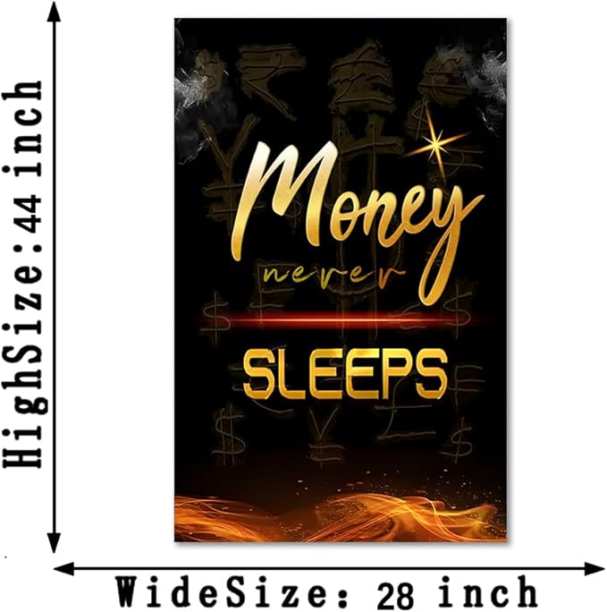 Large Size Money Never Sleeps Motivational Framed Wall Art Canvas Paintings Black and White Golden Artwork Stretched and Framed Easy to Hang-28x44 inch