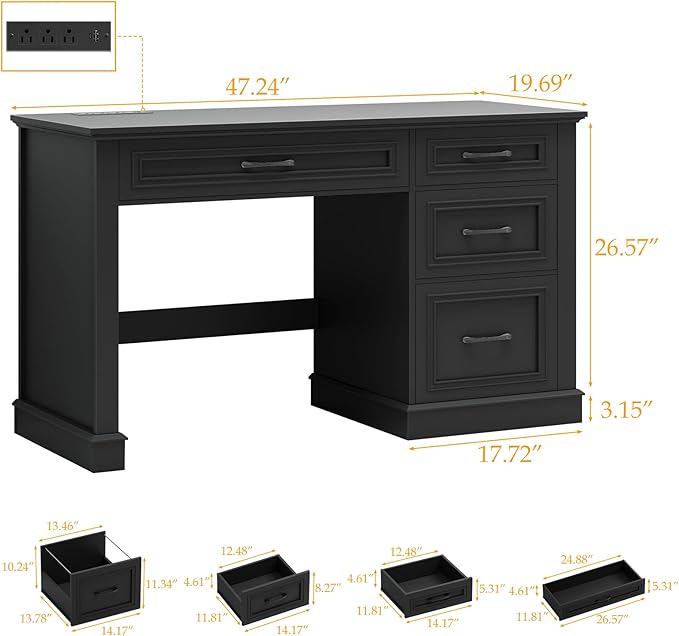 Farmhouse 47" Executive Desk, Computer Desk with Drawers and File Drawer, Workstation Computer Desk with Charging Station for Home Office, Study.（Pure Black）